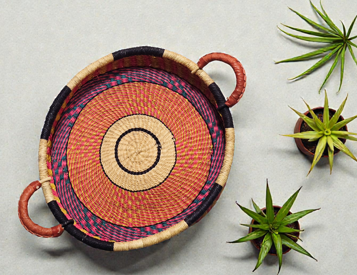 Bolga Round Tray with Leather Handles (Plant-Based Dyes)