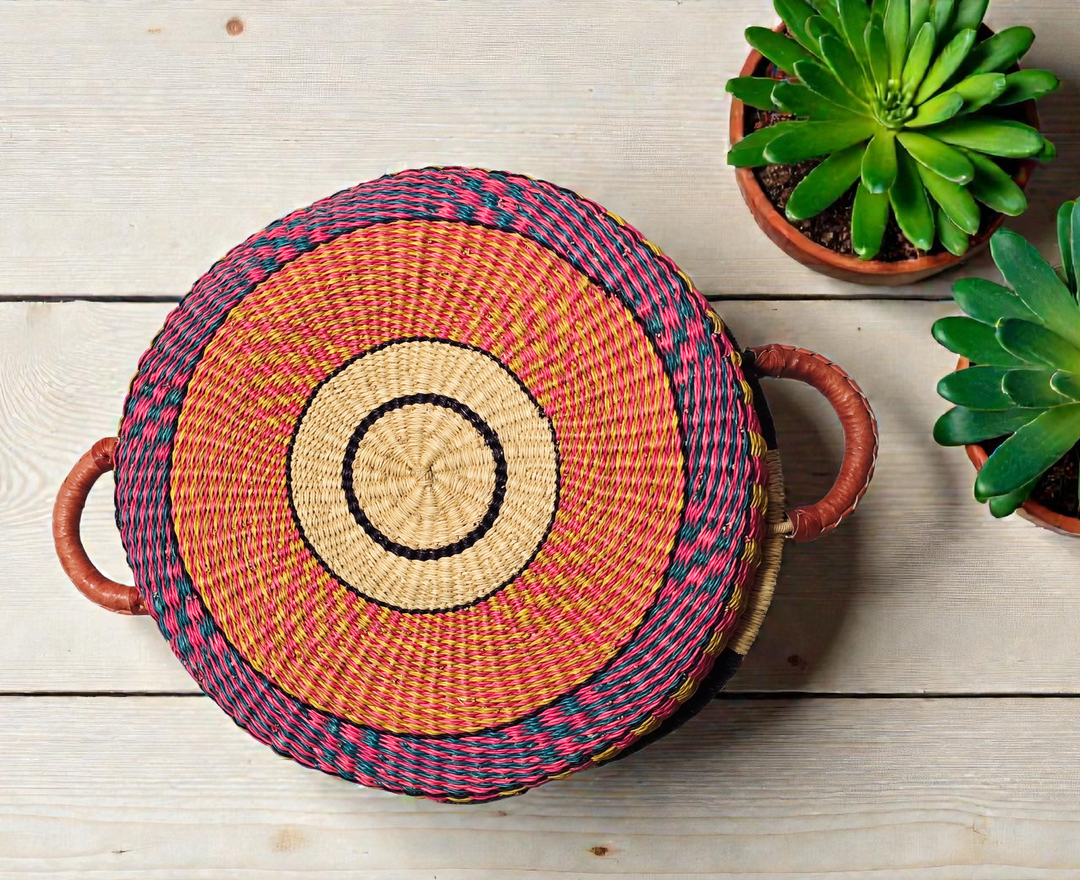 Bolga Round Tray with Leather Handles (Plant-Based Dyes)