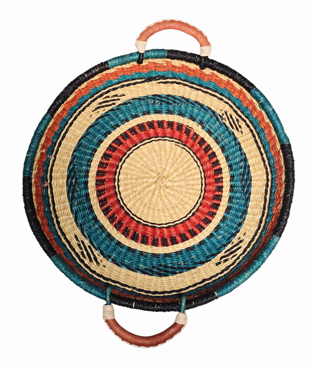 Bolga Round Tray with Leather Handles (Plant-Based Dyes)