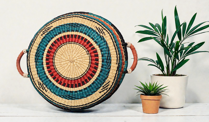 Bolga Round Tray with Leather Handles (Plant-Based Dyes)