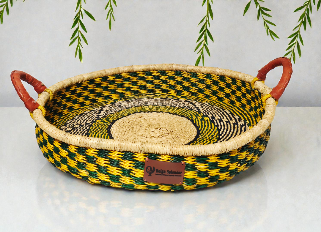 Bolga Round Tray with Leather Handles (Plant-Based Dyes)