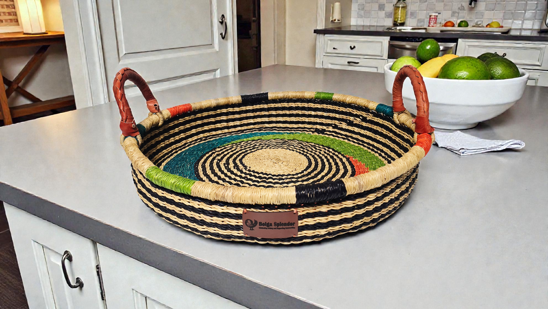Bolga Round Tray with Leather Handles (Plant-Based Dyes)