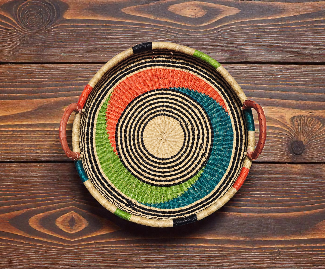 Bolga Round Tray with Leather Handles (Plant-Based Dyes)