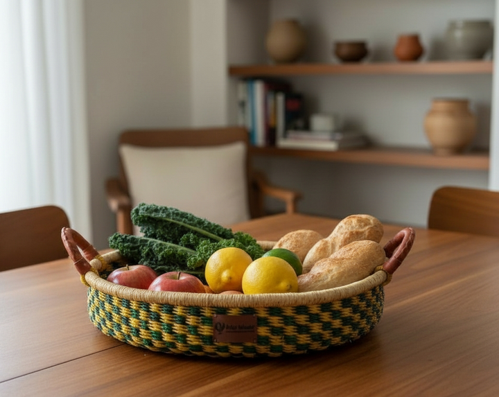 Bolga Round Tray with Leather Handles (Plant-Based Dyes)