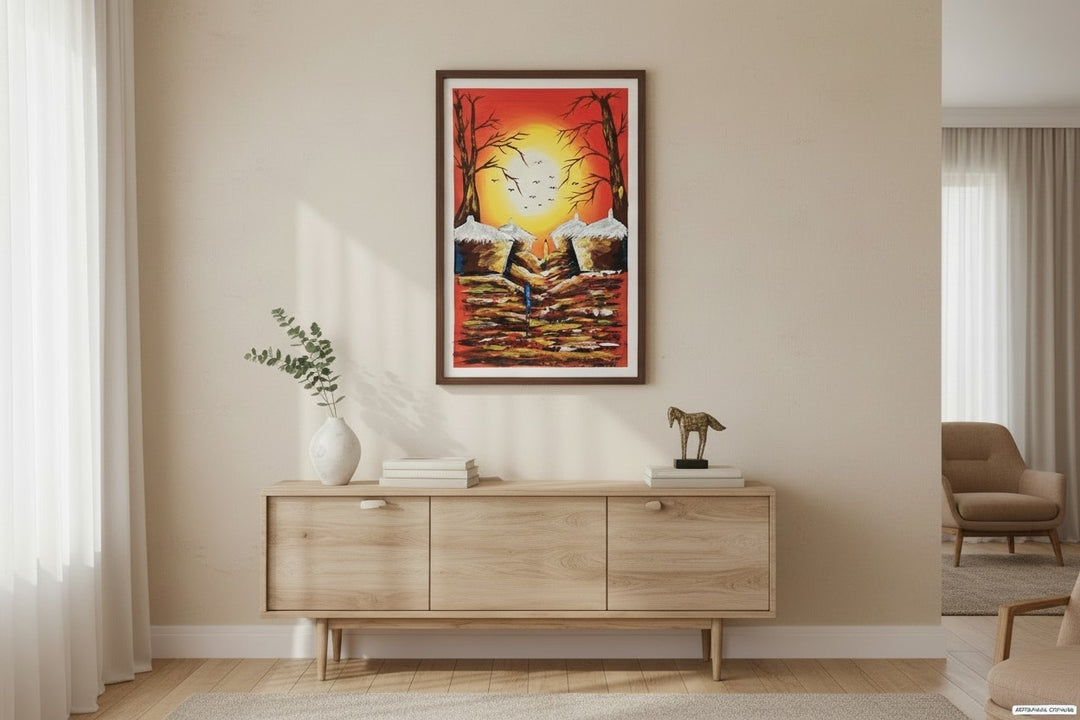 Sunset Village|Handcrafted Ghanaian Village Landscape Painting